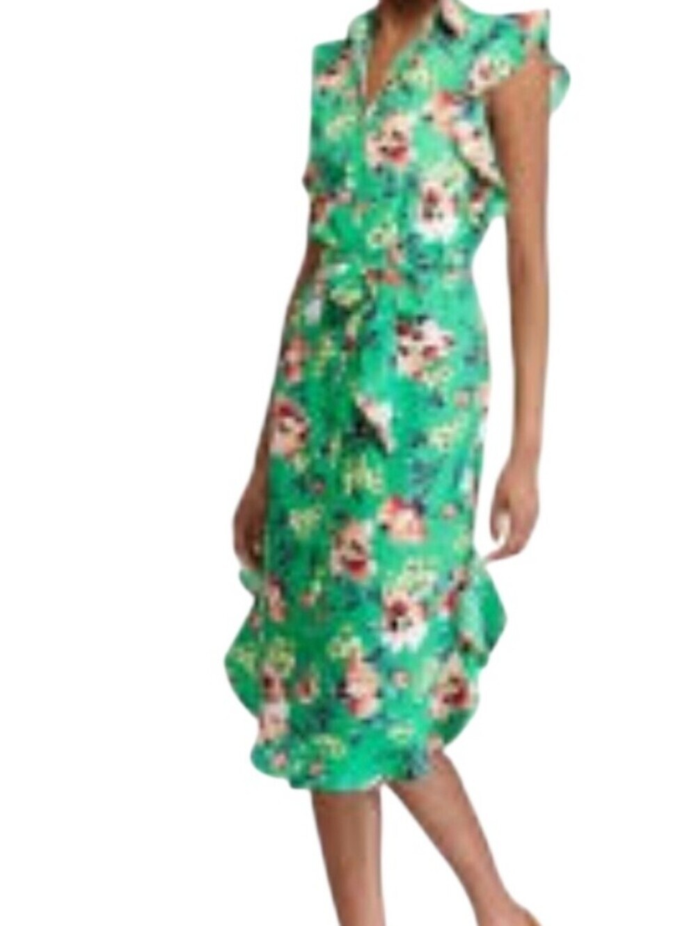 Lauren Ralph Lauren Green Floral Ruffle Midi Shirt Dress Size 22W Flutter Sleeve